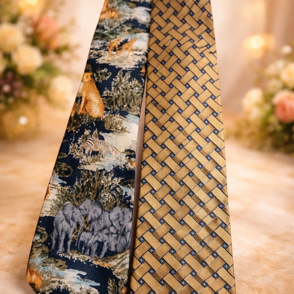 Nautica Navy and Gold Geometric Silk Tie Pair.